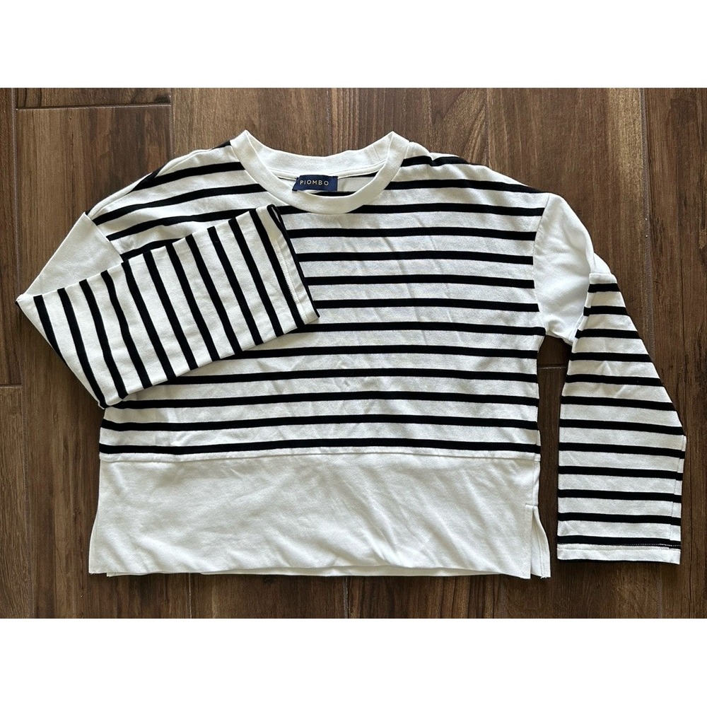 Piombo Womens Black White Striped Cotton Long Sleeve Knit Top Crew Neck Size L